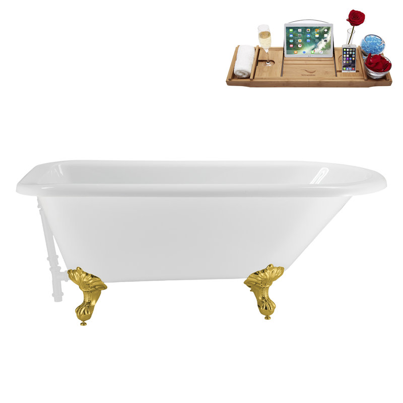 62" Streamline Clawfoot Tub,Tray,Drain, Clawfeet, Polished Gold, Glossy White
