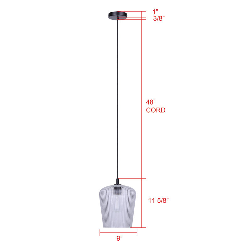 Luminaire suspendu filaire 1 lumière Leandro, finition noir mat avec verre fumé nervuré, Verre coloré, Gris, Noir mat