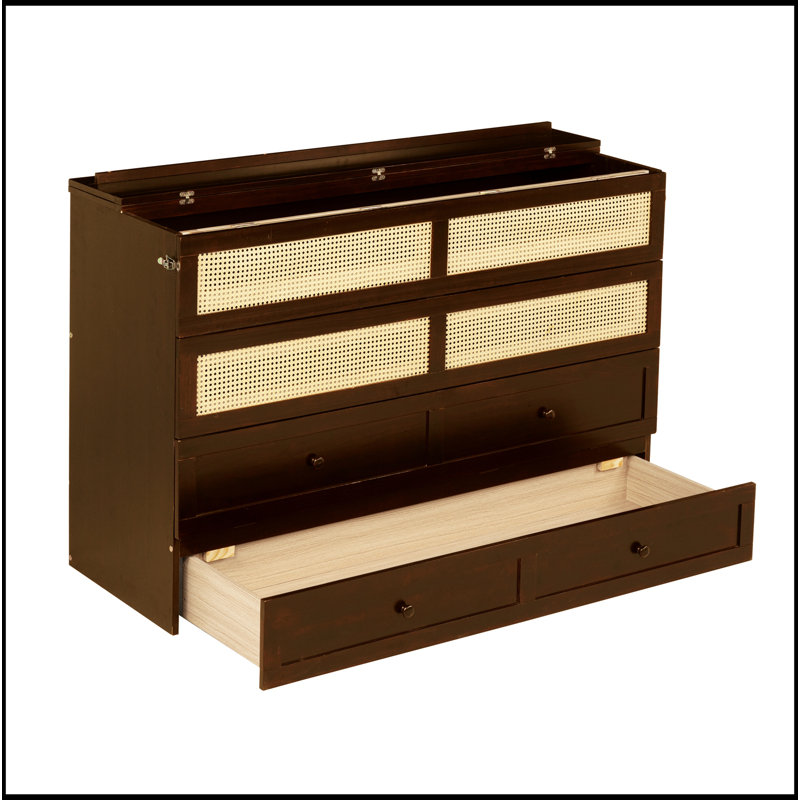 Grand lit escamotable, armoire-lit en bois de pin avec décoration en rotin et tiroir de rangement, noyer, Grand lit, Noyer