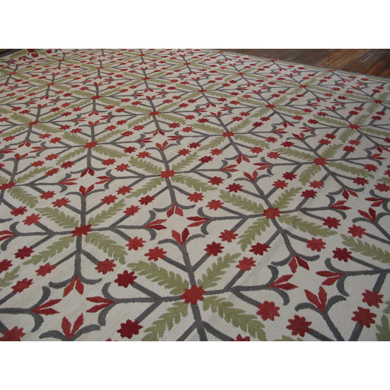 Tapis blanc / rouge / taupe en laine noué à la main de conception unique 9 pi x 12 pi