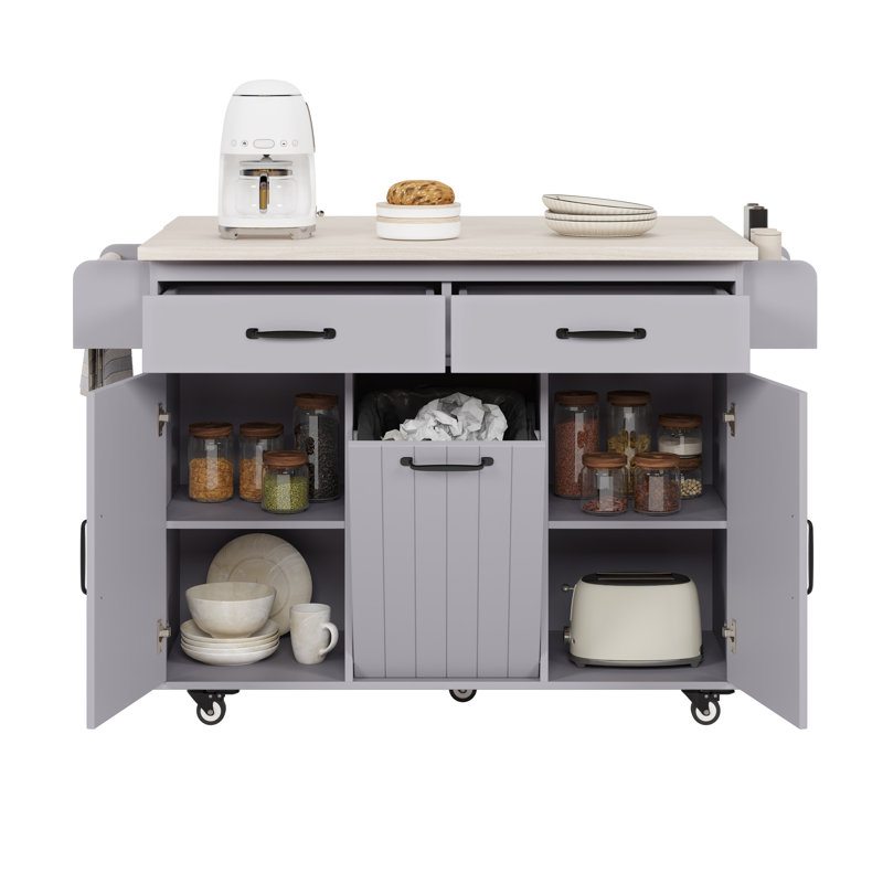 K&K Kitchen Island With Trash Can Storage Cabinet, Kitchen Cart With Drop Leaf, Spice Rack, Towel Rack And Drawer, Rolling Kitchen Island On Wheels With Adjustable Shelf