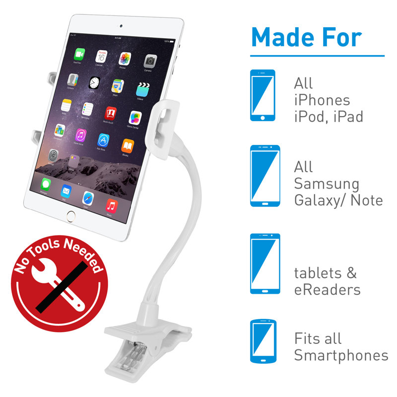 White Adjustable Gooseneck Clip Mount for Phones and Tablets