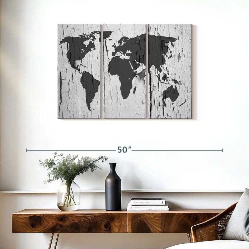 «World Map», reproduction de carte du monde sur toile, 3 pièces par Jorge S, H 24 po x l 38 po x P 1,25 po
