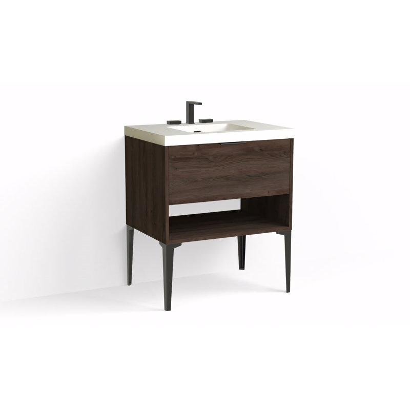 Modo 30" W Freestanding Single Bathroom Vanity with Dean Leg, Matte White/8" Widespread, Matte Black, White Acrylic