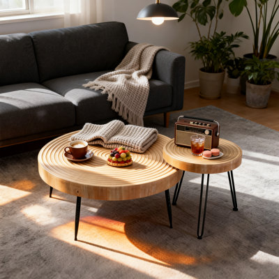 Ensemble de tables basses de salon 2 pièces avec plateau en bois ondulé Audric