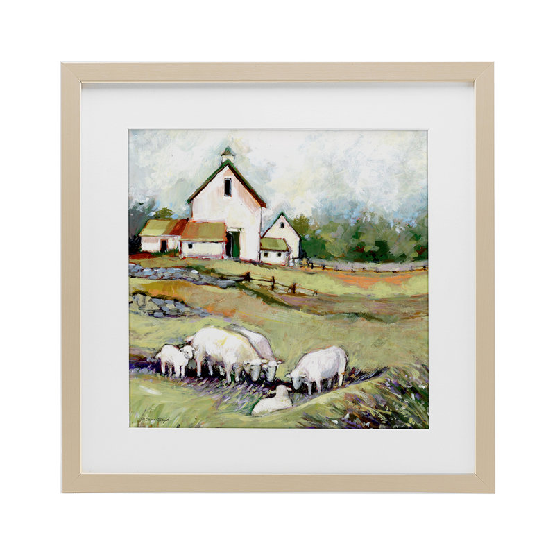 «Sheep Grazing at Barn», reproduction encadrée sous verre, conception de Susan Winget, H 16 po x l 16 po