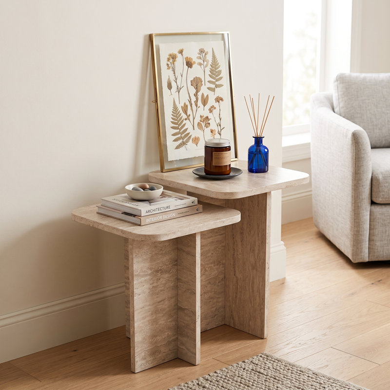 Ensemble de 2 tables d'appoint gigognes carrées imitation travertin, tables de chevet et petite table basse au style moderne effet pierre, idéales pour le salon, la chambre et les appartements.