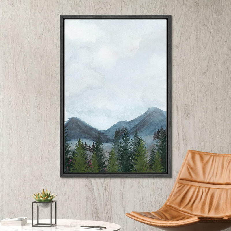 Paysage de forêt Woodland «Blue and Green Watercolor Mountain Forest Tree» sur, Cadre flottant noir, H 36 po x l 24 po