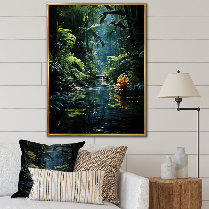 Jungle Palm Trees Azure Archway sur toile, Cadre flottant doré, H 44 po x l 34 po x P 1,5 po