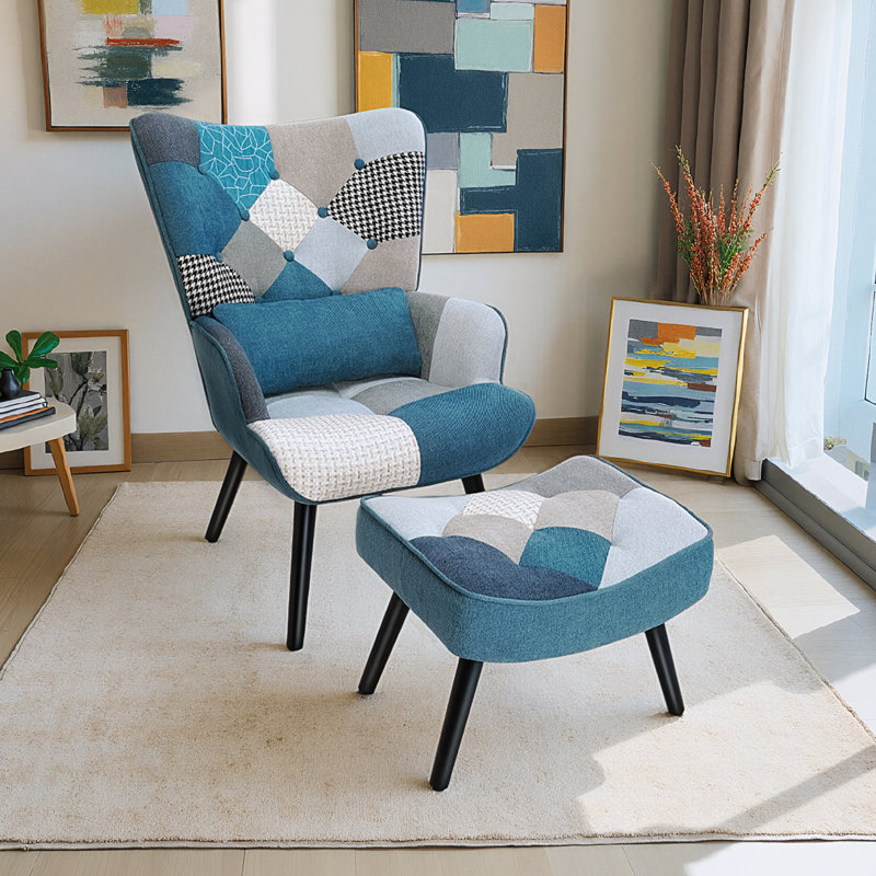 Fauteuil à oreilles et repose-pieds Kohlson, Bleu / bleu sarcelle