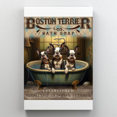 «Boston Terrier Bath Soap», reproduction d'art rectangulaire sur toile tendue 1 pièce