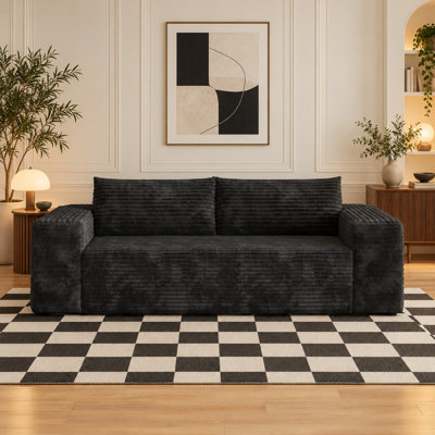 Canapé 3 places moderne de 200 cm (78,8 po) en velours côtelé doux, assise profonde et confortable, livré monté, idéal pour appartement, chambre ou bureau, noir.