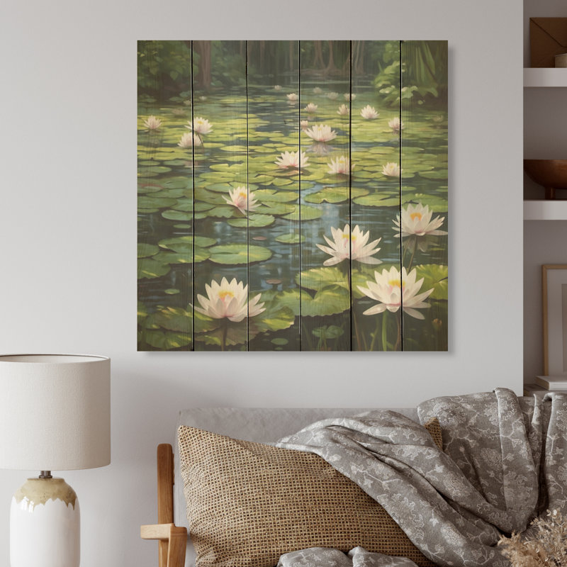 «Magical Lotus Lily Pad Pond», art mural en bois de lotus sur bois de pin naturel, H 36 po x l 36 po