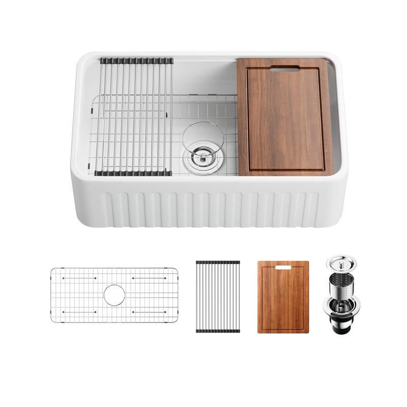 KAMARAG 30 Inch Workstation Farmhouse Kitchen Sink With Single Deep Bowl, Sink Grid, Cutting Board And Dish-Drying Rack White 