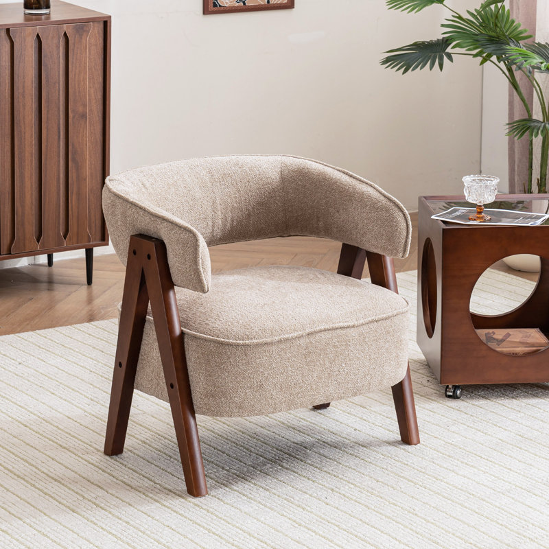 25"W Extra Wide Armchair With Wood Legs, Boucle Fabric Upholstered Accent Chair With Wingback, Mid-Century Modern Barrel Chair With Curved Arms, Thick Cushion For Living Room Bedroom Cafe, Coffee