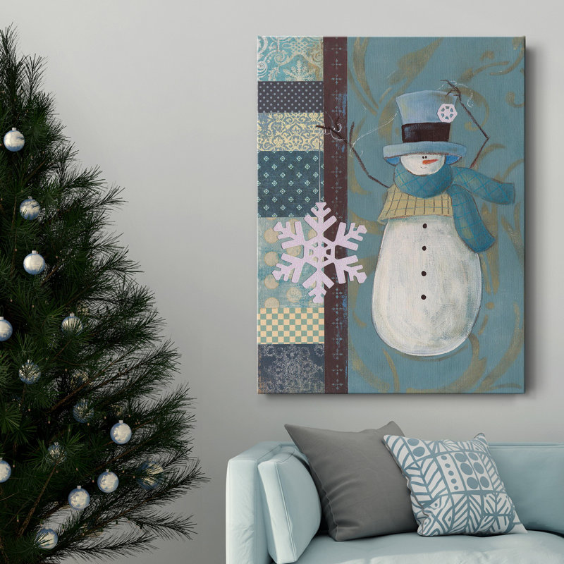 Bonhomme de neige Patchwork I - Toile tendue avec châssis de qualité supérieure, H 18 po x l 12 po x P 1 po