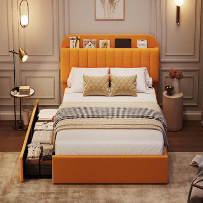 Structure de lit simple avec tête de rangement, base de lit pour enfant avec 2 tiroirs, lit plateforme tapissier avec bibliothèque Boucle, aucun sommier requis, assemblage facile, jaune