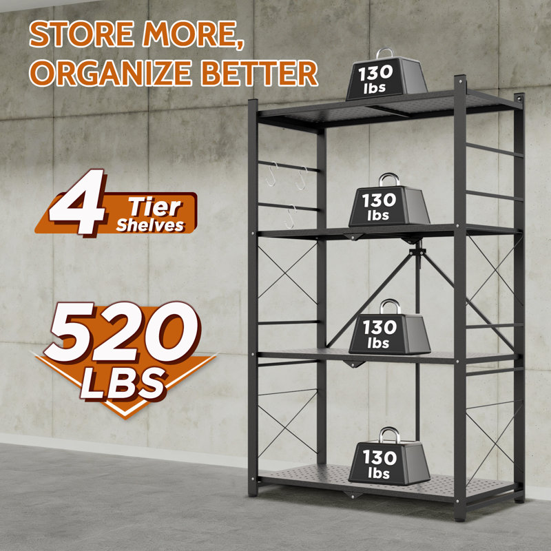 Étagères pliables en métal, étagères de rangement à 4 niveaux pour garages, cuisines et entrepôts, Black