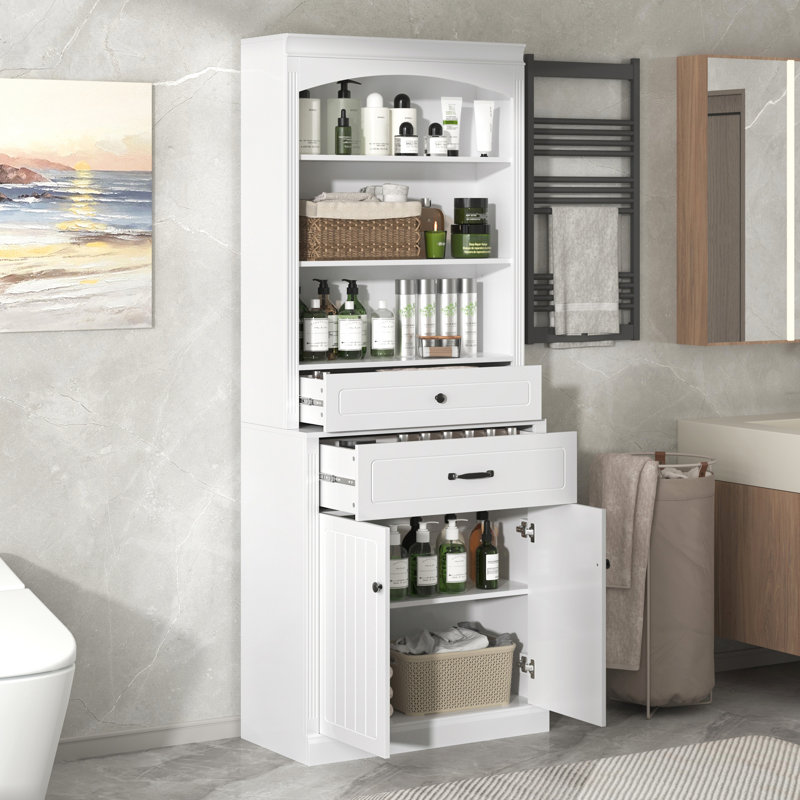 Armoire de rangement pour salle de bain avec deux portes, tiroirs, tablette réglable et trois tablettes ouvertes - Fabrication en panneau de fibres à densité moyenne durable