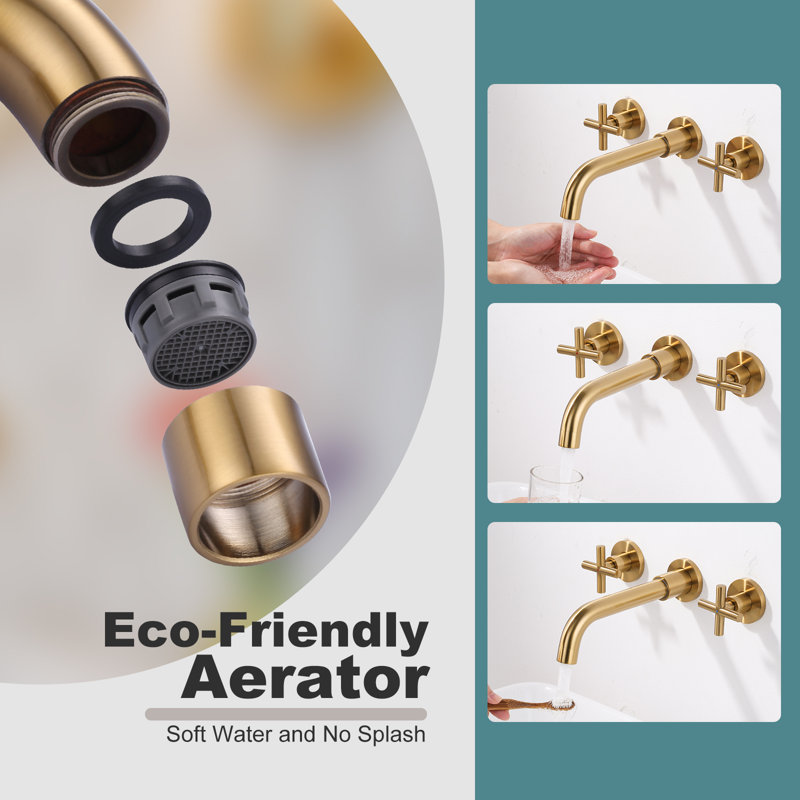 Brushed Gold Double Handle Wall Mounted Bathroom Faucet