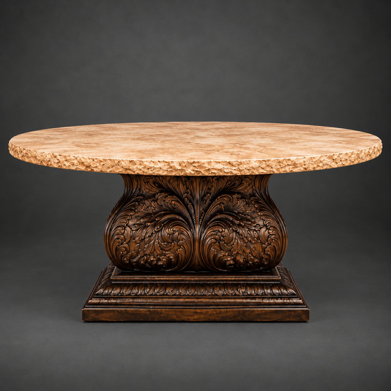La Grande Montara | Table de salle à manger de luxe ronde en travertin avec base piédestal ornée - élégance rustique intemporelle