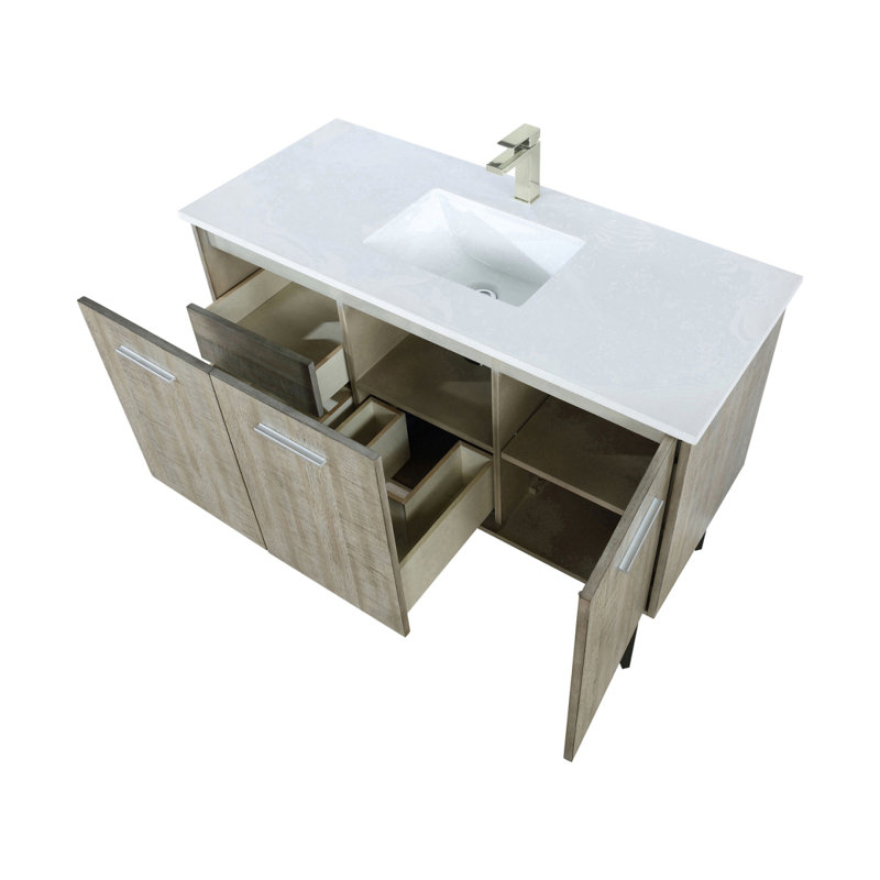 Meuble-lavabo rustique en acacia 48 po X P 20 po D, dessus en quartz blanc et robinet en nickel brossé, Nickel brossé