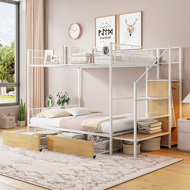 Lit superposé simple au-dessus d'un lit double en métal avec tiroir, échelle de rangement et garde-robe, blanc