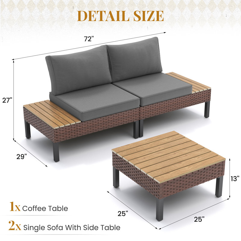 Causeuse de patio avec causeuse et table basse carrée, Gris