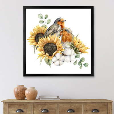 Bouquet d'automne avec des tournesols rouges, coton, peinture sur toile