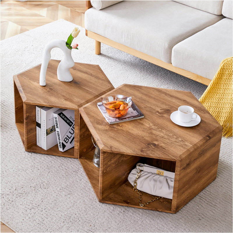 Modern Minimalist Wood color Hexagonal Coffee Table Set.Hexagonal MDF coffee table