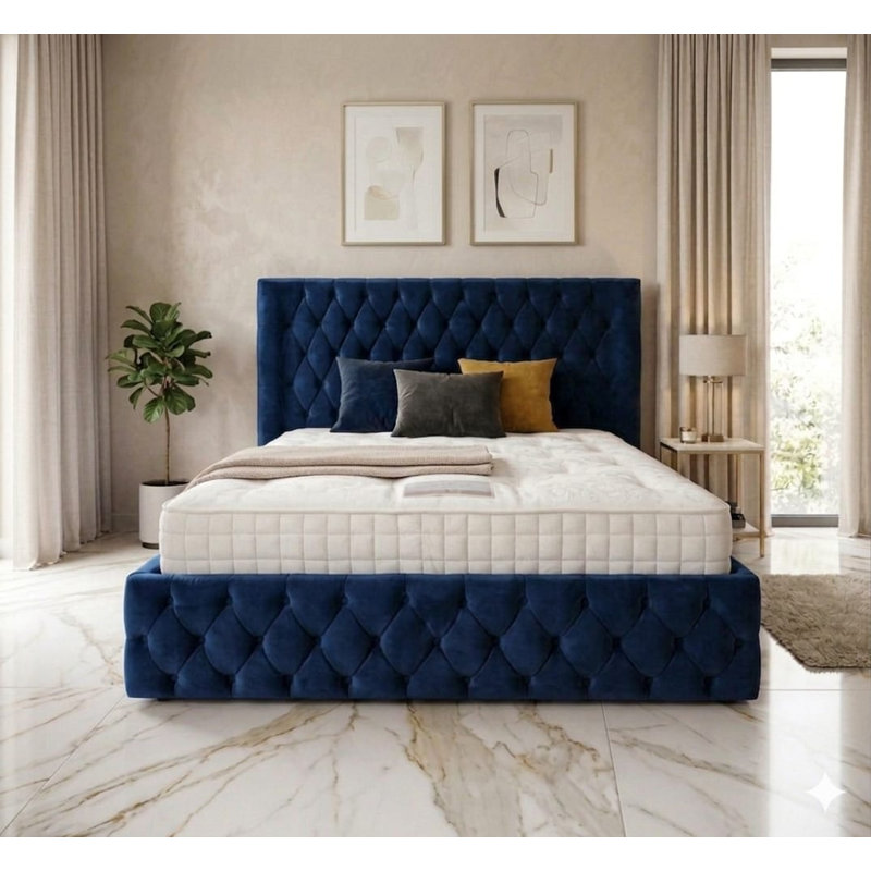 Chesterfield Upholstered Winged Bed Frame, 5FT( King Bed), Sapphire Blue, Plush Velvet