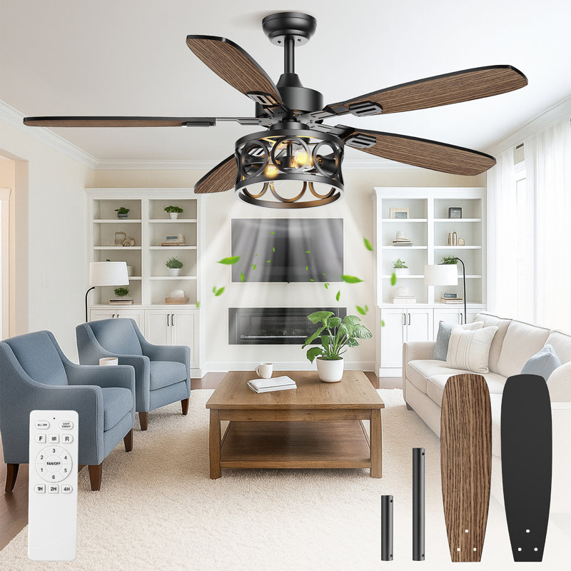 Ventilateur de plafond 52 po à 5 pales en cage rétro avec lumière, télécommande, moteur à courant continu réversible 6 + 1