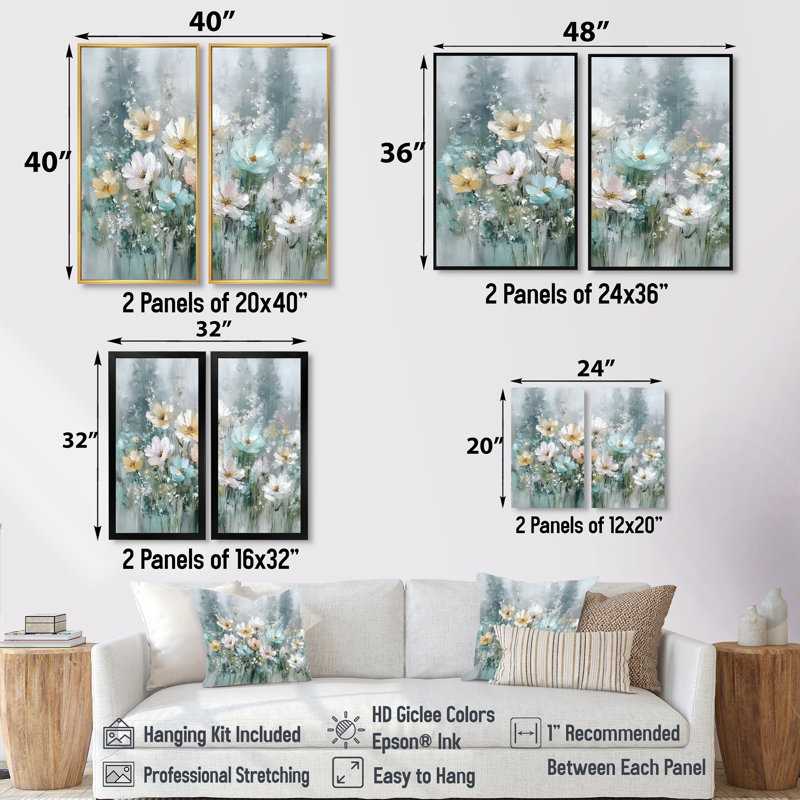 «Yellow Blue Wildflowers In Bloom - Wildflowers», impression sur toile à motif floral jaune 2 pièces, Cadre flottant, Doré