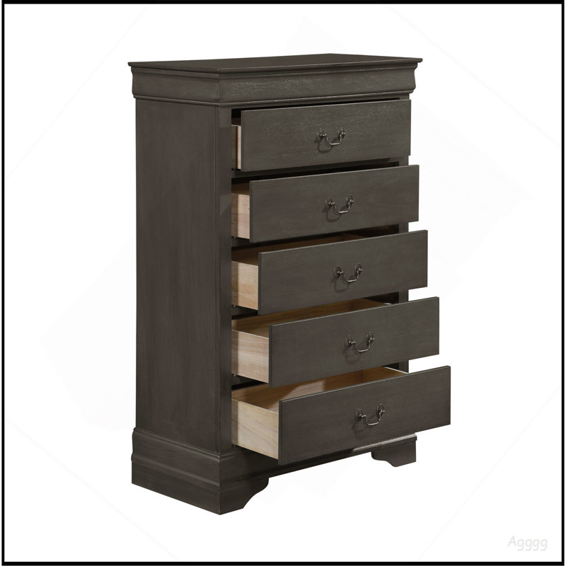 Meuble de chambre classique à 5 tiroirs au fini gris teinté classique de style Louis Philippe