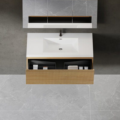 Meuble-lavabo flottant 42 po avec égratignures - Pierre artificielle blanche brillante, meuble-lavabo texturé en chêne naturel, tiroir à fermeture en douceur, panneaux muraux entièrement assemblés, lavabo en résine de pierre, tampon silencieux,