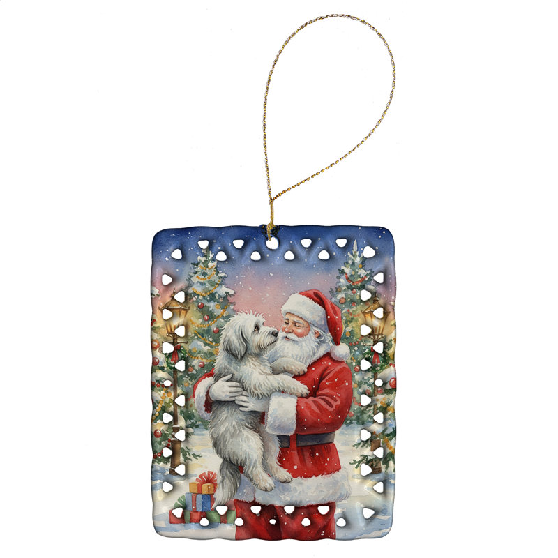 Ornement en porcelaine Old English Sheepdog avec père Noël, Berger anglais