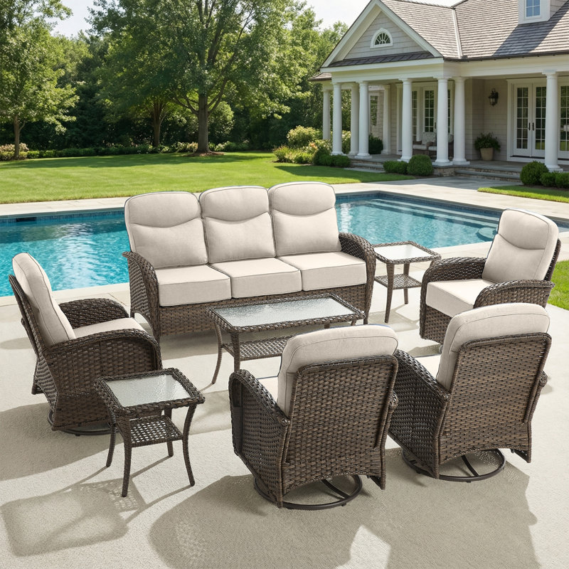 Luxury Outdoor Swivel Rocker Patio Chairs With 6-Inch Thick Cushions, High Back Swivel Glider Patio Chairs, 8PCS Wicker Outdoor Furniture Set For Porch, Patio, Yard, Deck, Poolside