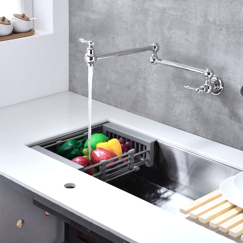 Robinet d'évier de cuisine mural avec robinet pivotant et bras articulés doubles, Nickel brossé