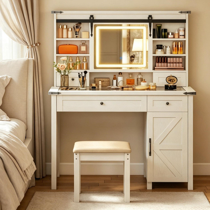 Console de beauté moderne, ensemble de coiffeuse avec miroir à DEL et tabouret rembourré, meuble-lavabo, coiffeuse avec rangement, ensemble de meubles de coiffeuse (seulement 1 coiffeuse, 1 tabouret de coiffeuse)