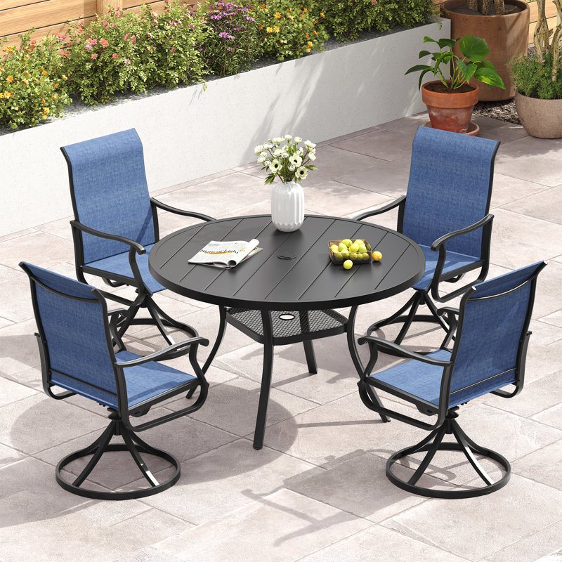 Elfur Round 4 - Person Outdoor Dining Set with 4 PVC-coated polyester Swivel Chairs, Black/Blue