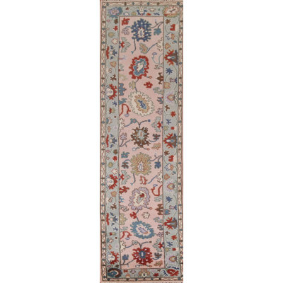 Pink Floral Oushak Indian Runner Rug 2x10
