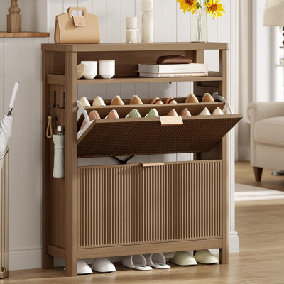 16 Pair Shoe Storage Cabinet with 2 Flip Drawers Open Cubby and Adjustable Shelves & Side Hooks Entryway