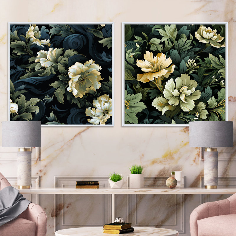 Dimitri - Ensemble de 2 collages carrés floraux, H 16 po x l 33 po, Cadre flottant blanc