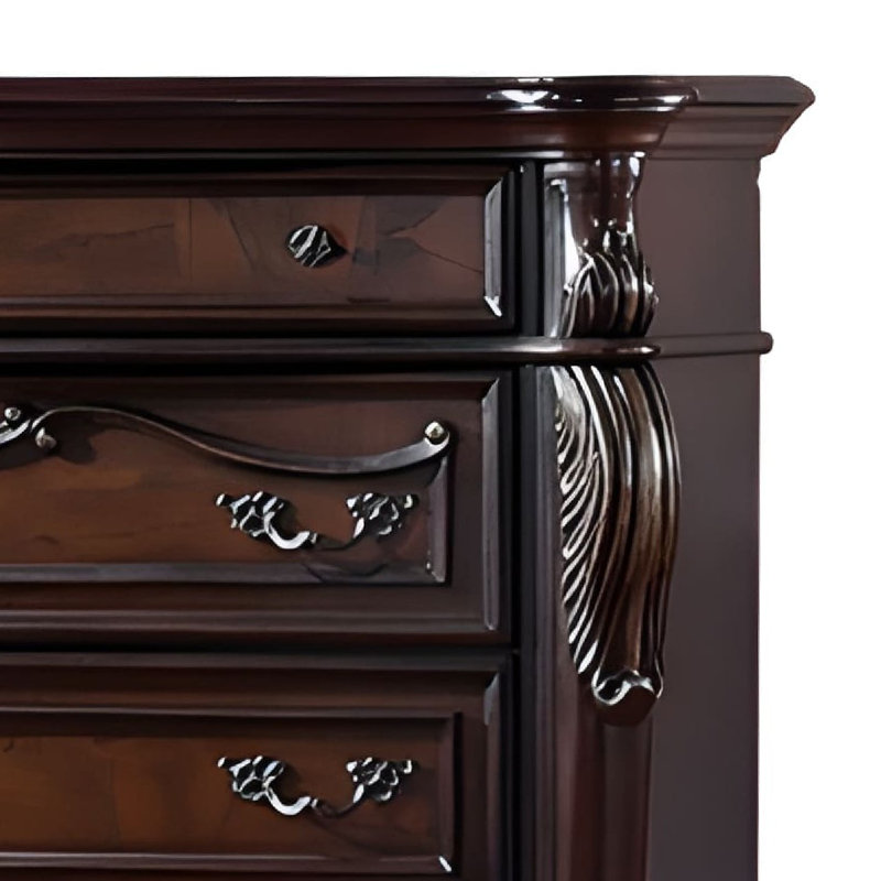 Venta Tall Dresser Chest, 5 Drawers, Carved Details Cherry Brown Solid Wood