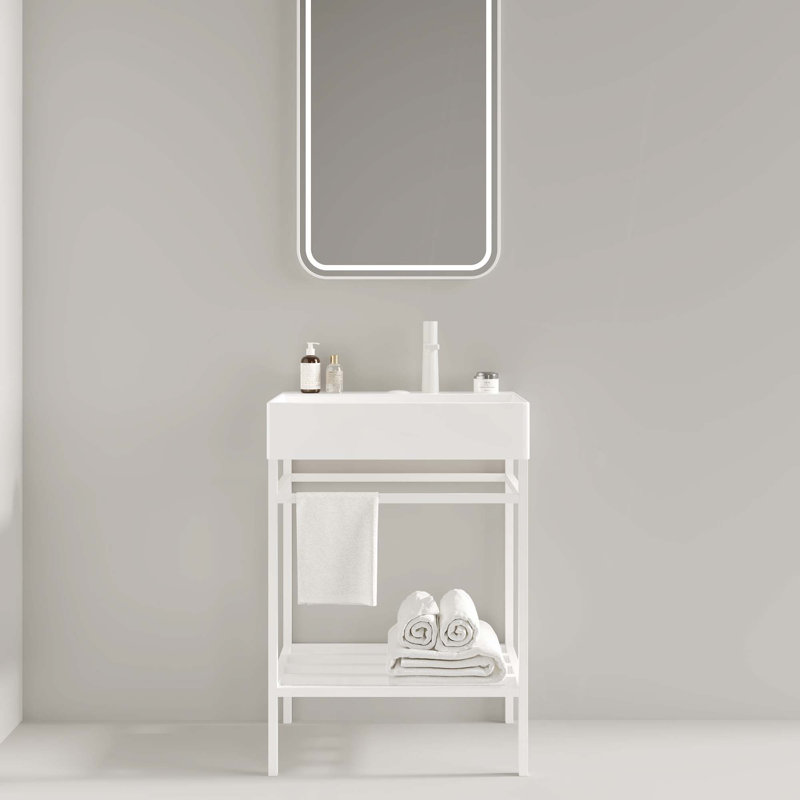 Meuble-lavabo pour salle de bain avec lavabo en céramique, ensemble de lavabo console autoportant, lavabo en céramique rectangulaire sans robinet, pieds en métal ouverts, tablettes de rangement
