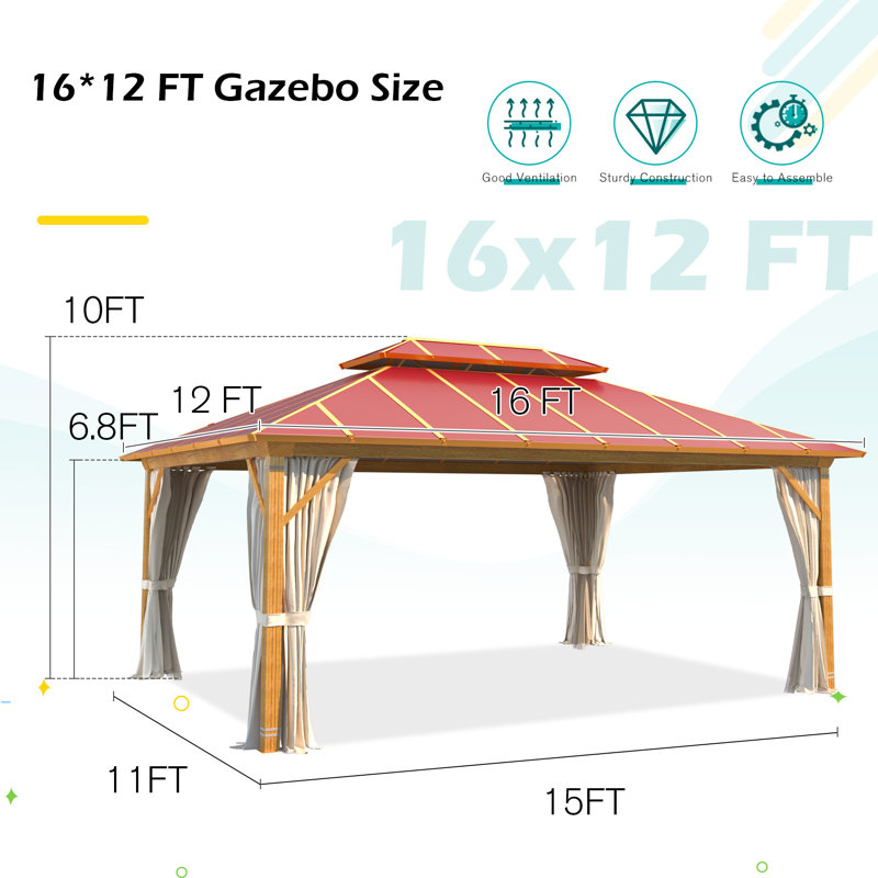 16 Ft. W x 12 Ft. D Aluminum Patio Gazebo, Red