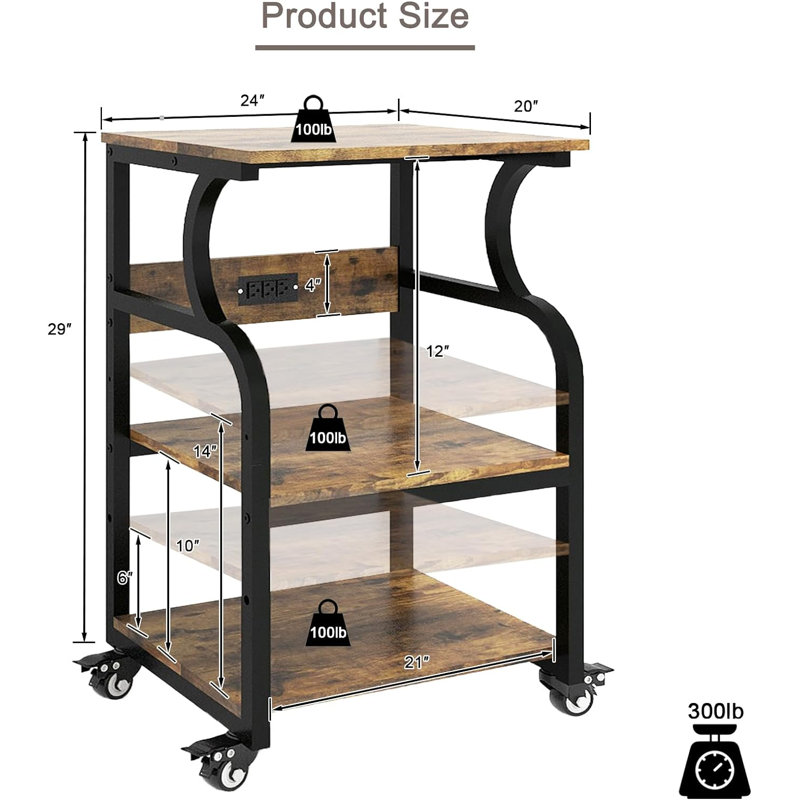 23.6 x 19.7 x 29.5 inches Large Printer Stand Printer Desk with Adjustable Storage Shelf on Wheels, Retro Brown/Black