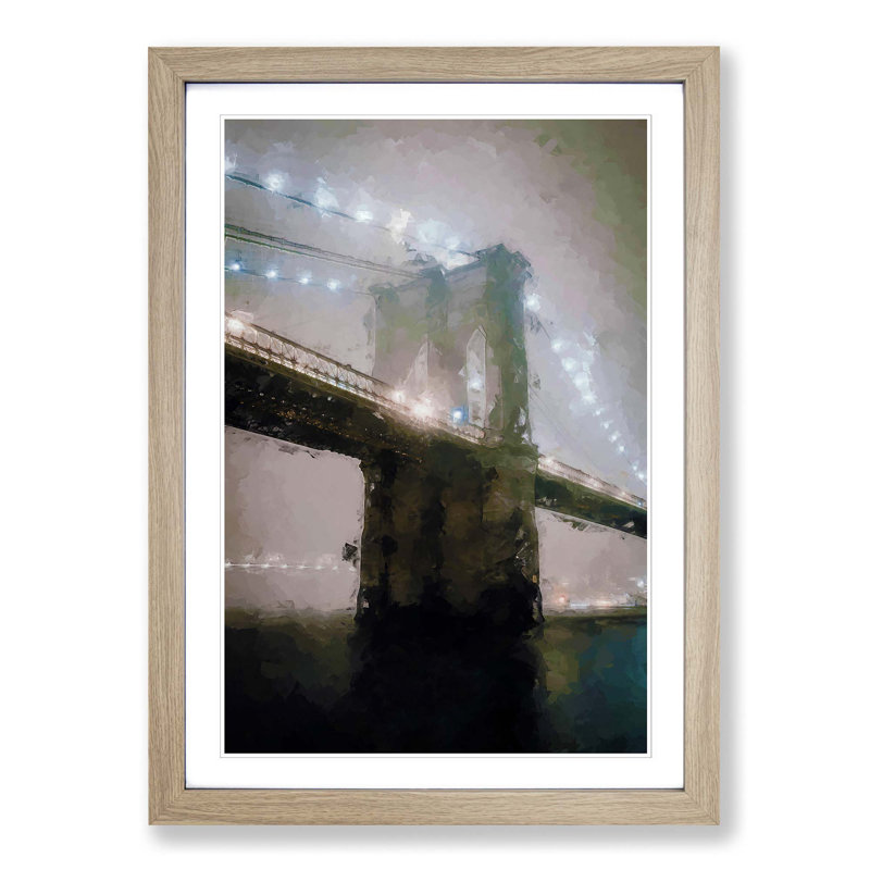 Lights of Brooklyn Bridge in Abstract - Picture Frame Graphic Art Print, 36cm H x 27cm W x 2cm D, Oak Framed