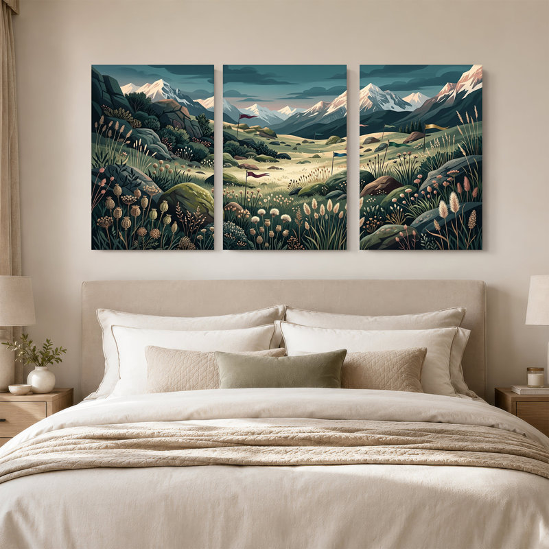 Art mural sur toile avec champ de fleurs sauvages et montagnes enneigées avec drapeaux, H 36 po x l 24 po x 3 pièces