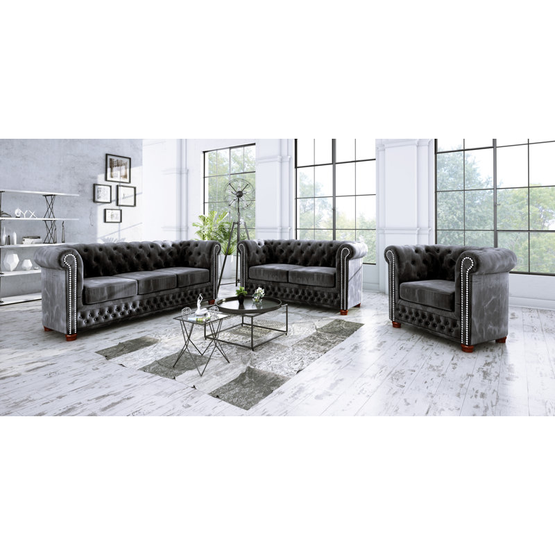 Chesterfield  Sofa 3 Seater Made of Velvet Fabric with Solid Wood Legs, Black